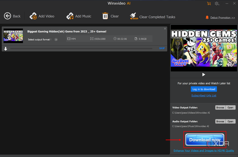 Screenshot of Winxvideo AI video downloader with the Download now button highlighted