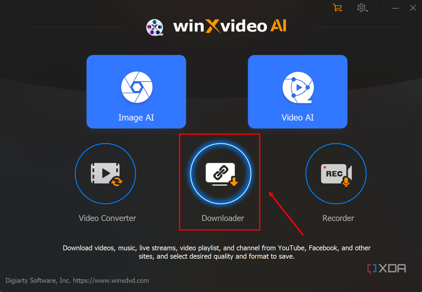 Screenshot of the main screen in Winxvideo AI with the downloader button highlighted