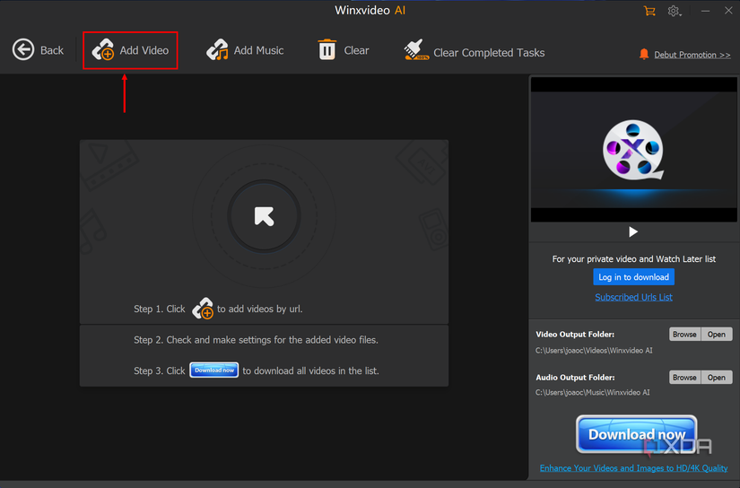Screenshot of Winxvideo AI video downloader with Add Video button highlighted
