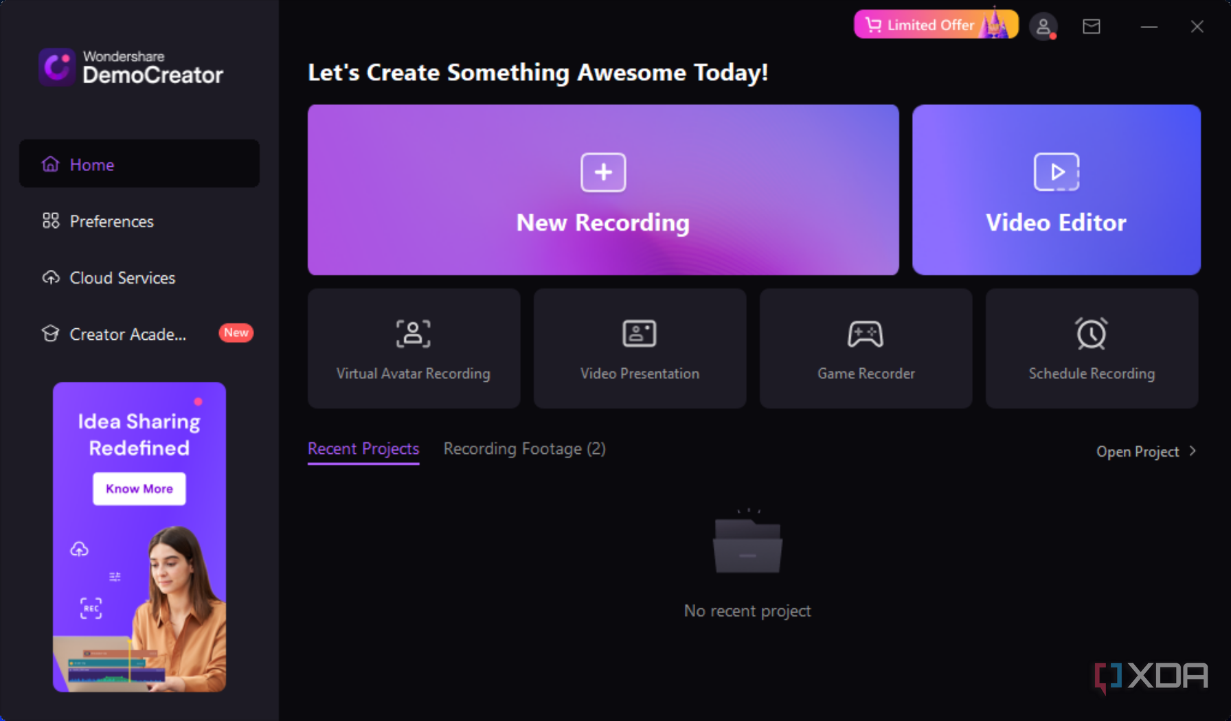 Screenshot of the Wondershare DemoCreator starting screen