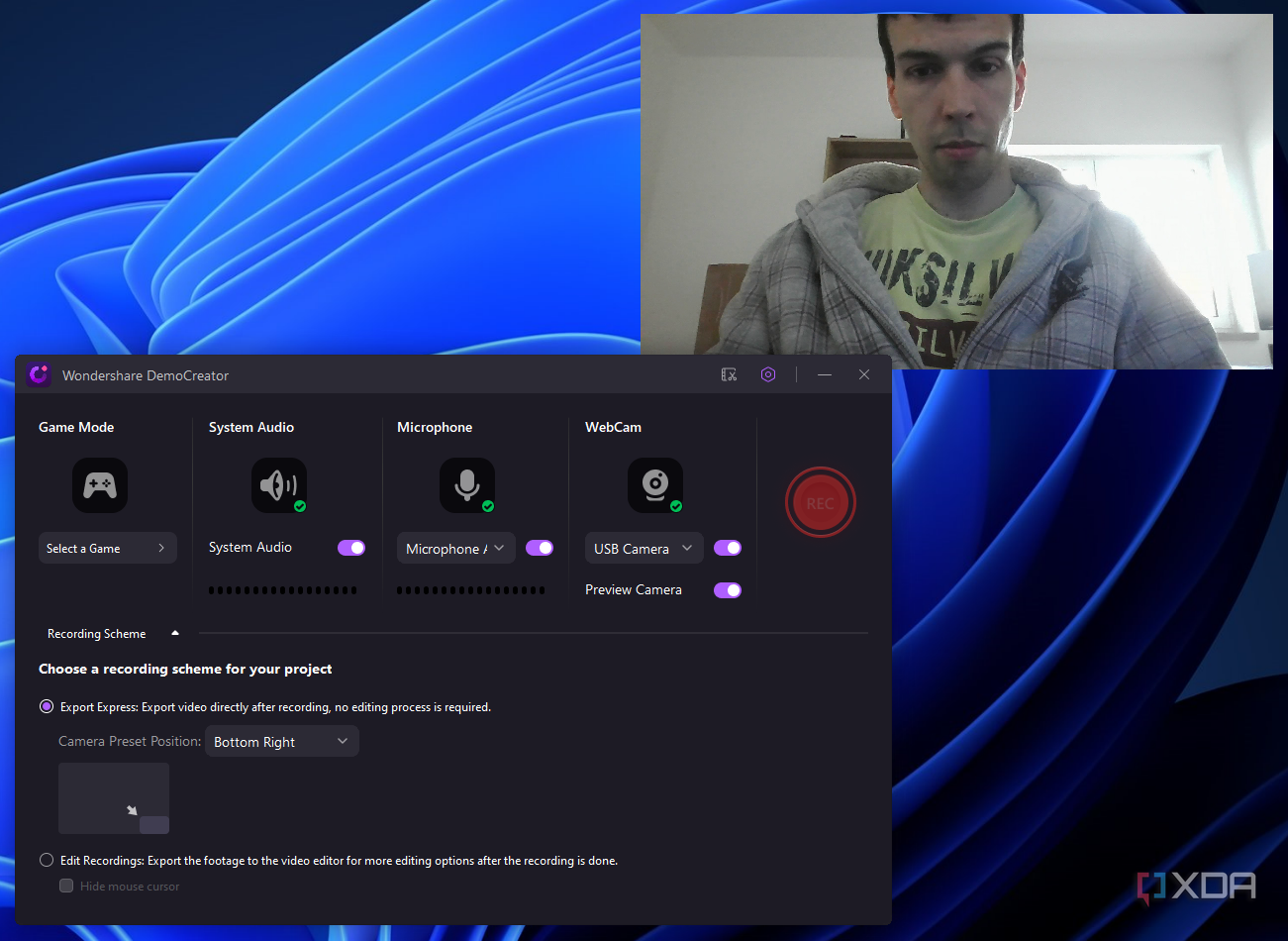 Screenshot of WonderShare DemoCreator recording UI with webcam preview
