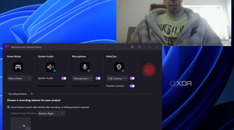 Screenshot of WonderShare DemoCreator recording UI with webcam preview