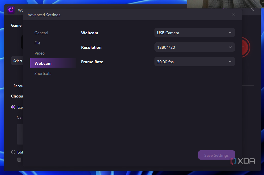 Screenshot of WonderShare DemoCreator advanced webcam recording settings