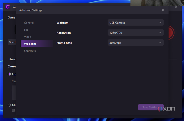 Screenshot of WonderShare DemoCreator advanced webcam recording settings