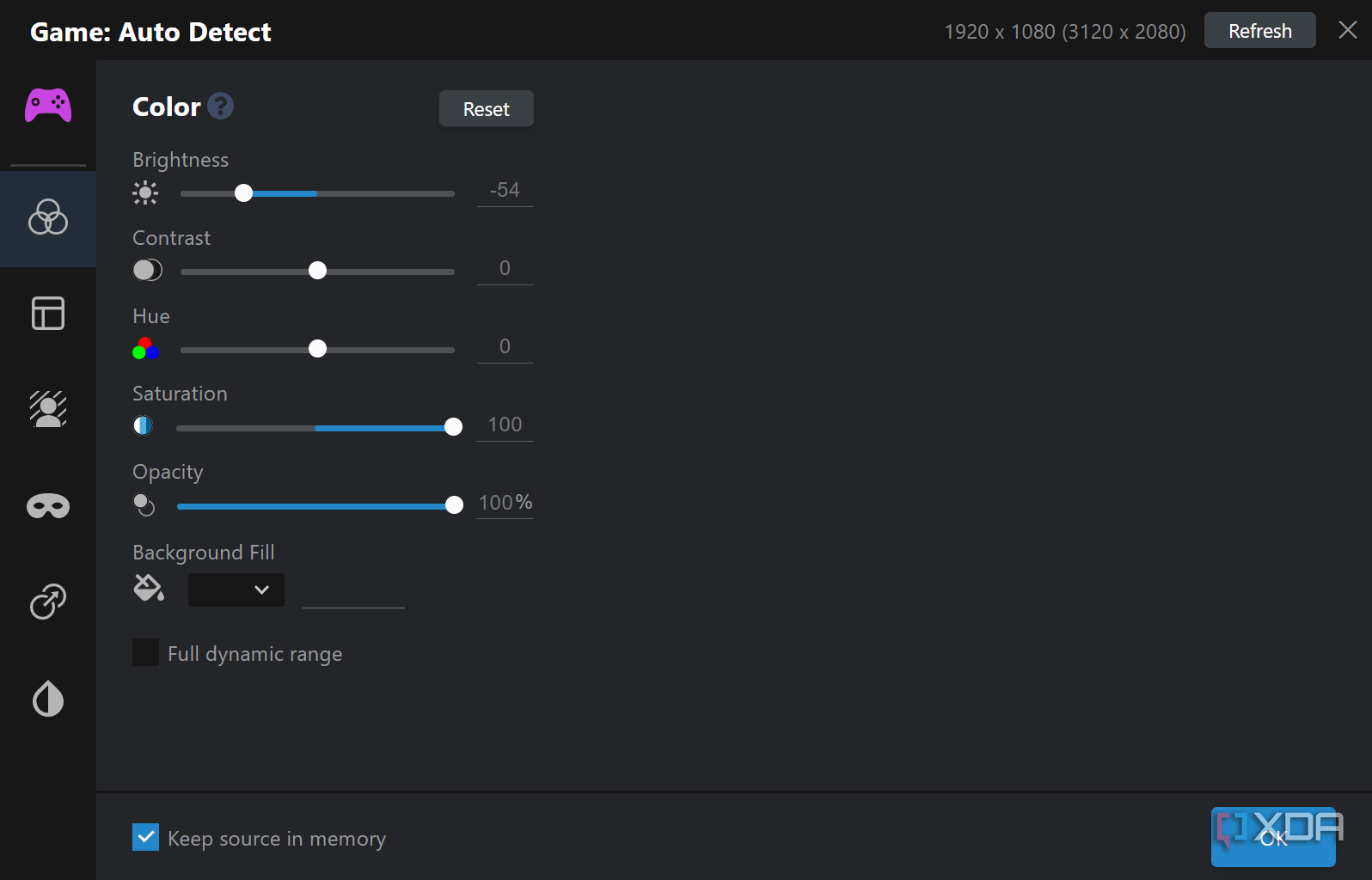 Screenshot of color settings for a video source in XSplit