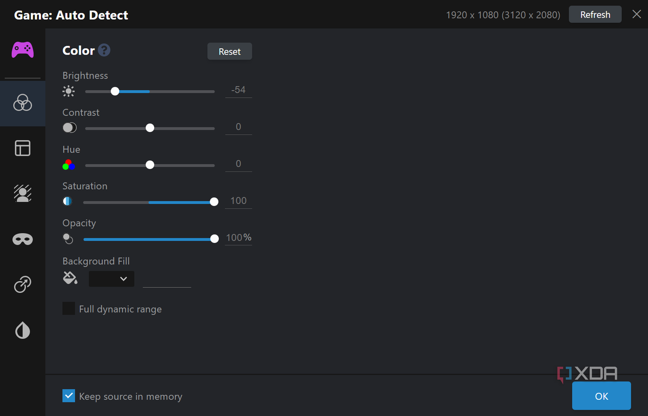 Screenshot of color settings for a video source in XSplit