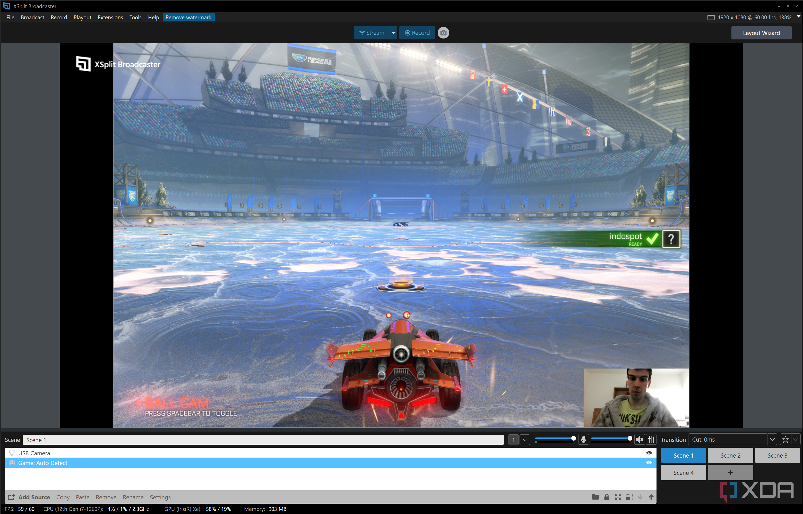 Screenshot of the main XSplit view with a game and a webcam feed in the active scene
