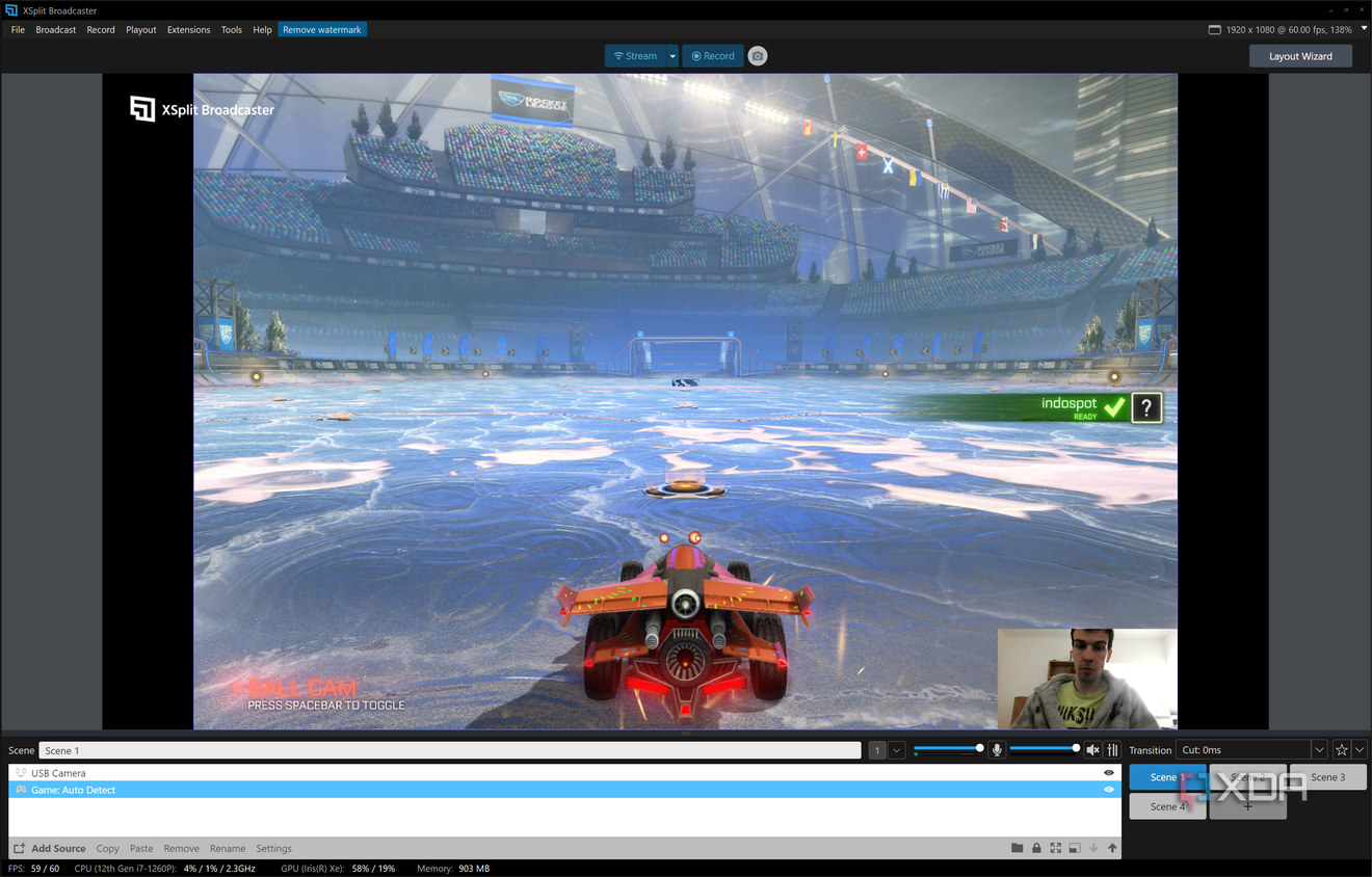 Screenshot of the main XSplit view with a game and a webcam feed in the active scene
