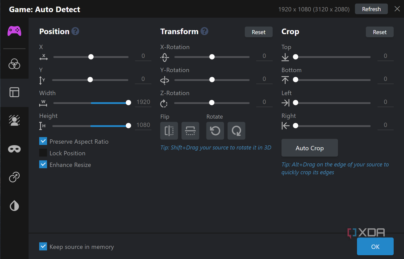 Screenshot of position settings for a video source in XSplit