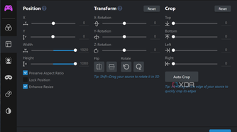 Screenshot of position settings for a video source in XSplit