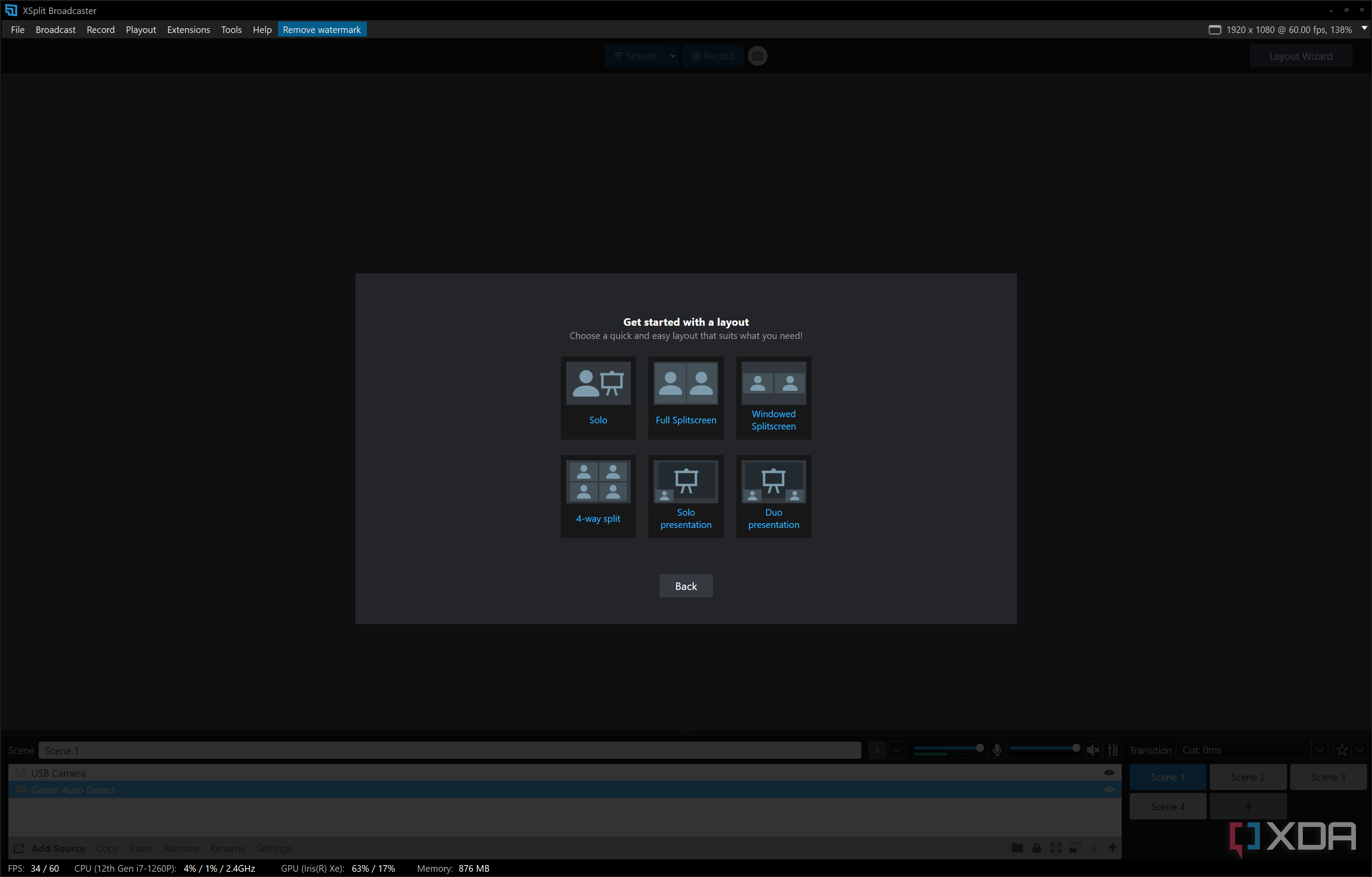 Screenshot of the layout wizard in XSplit