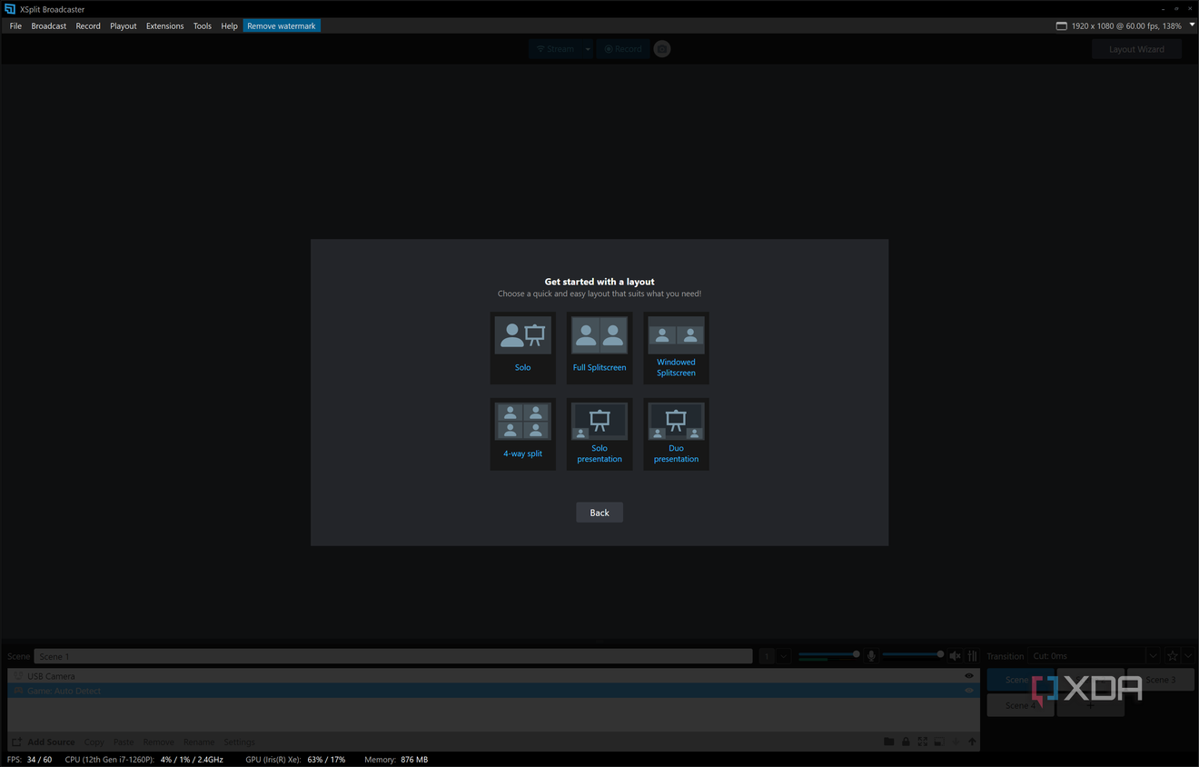 Screenshot of the layout wizard in XSplit