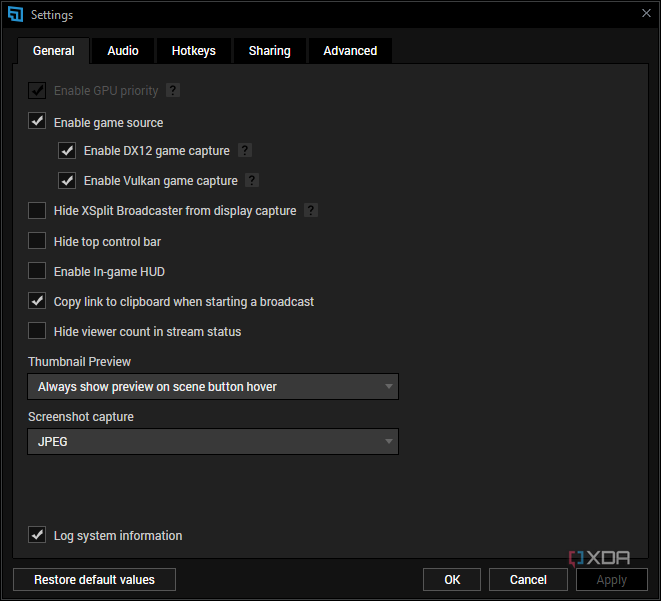Screenshot of general settings in XSplit broadcaster