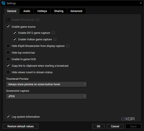 Screenshot of general settings in XSplit broadcaster