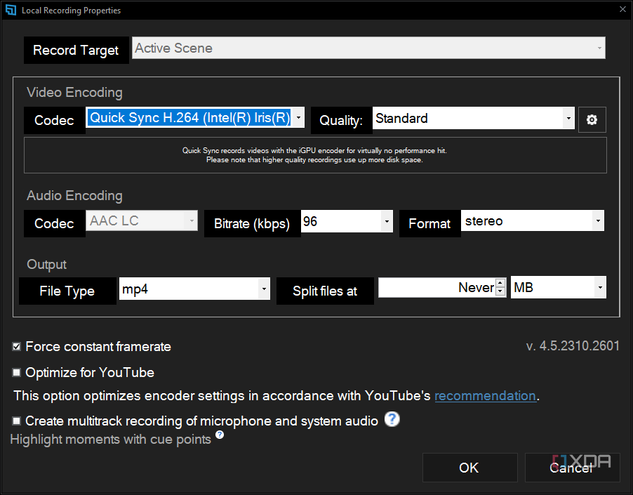 Screenshot of video recording properties in XSplit Broadcaster