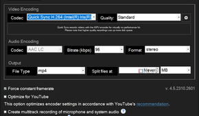 Screenshot of video recording properties in XSplit Broadcaster