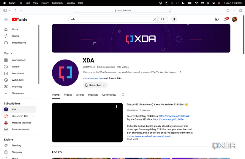 The menu bar at the top of YouTube in full screen.