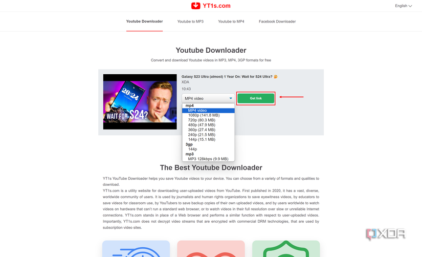 Screenshot of YT1s giving the user the option to download a video in different formats