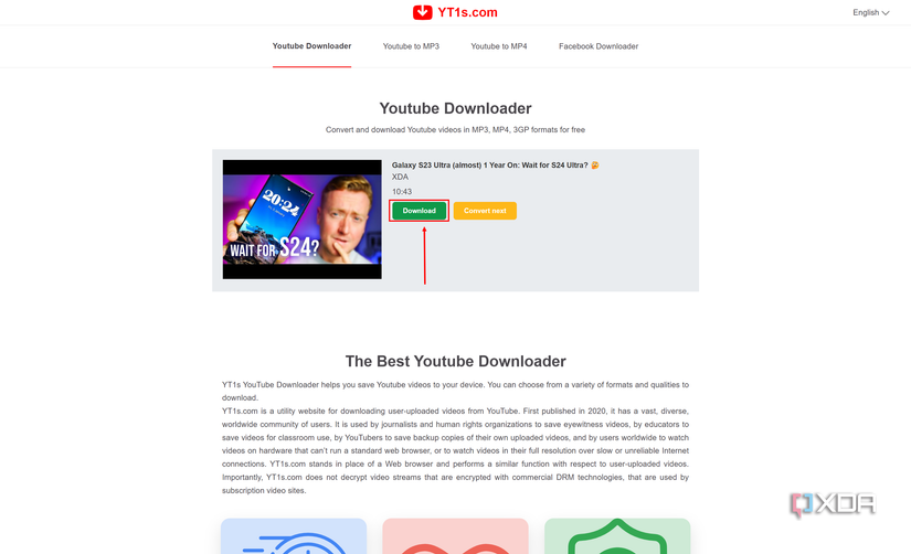 Screenshot of YT1s showing a download button