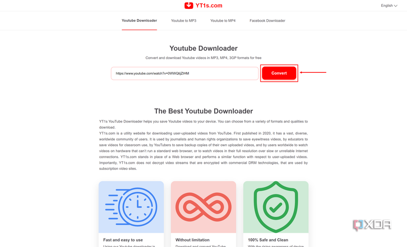 Screenshot of the YT1s homepage with a YouTube URL entered and the Convert button highlighted