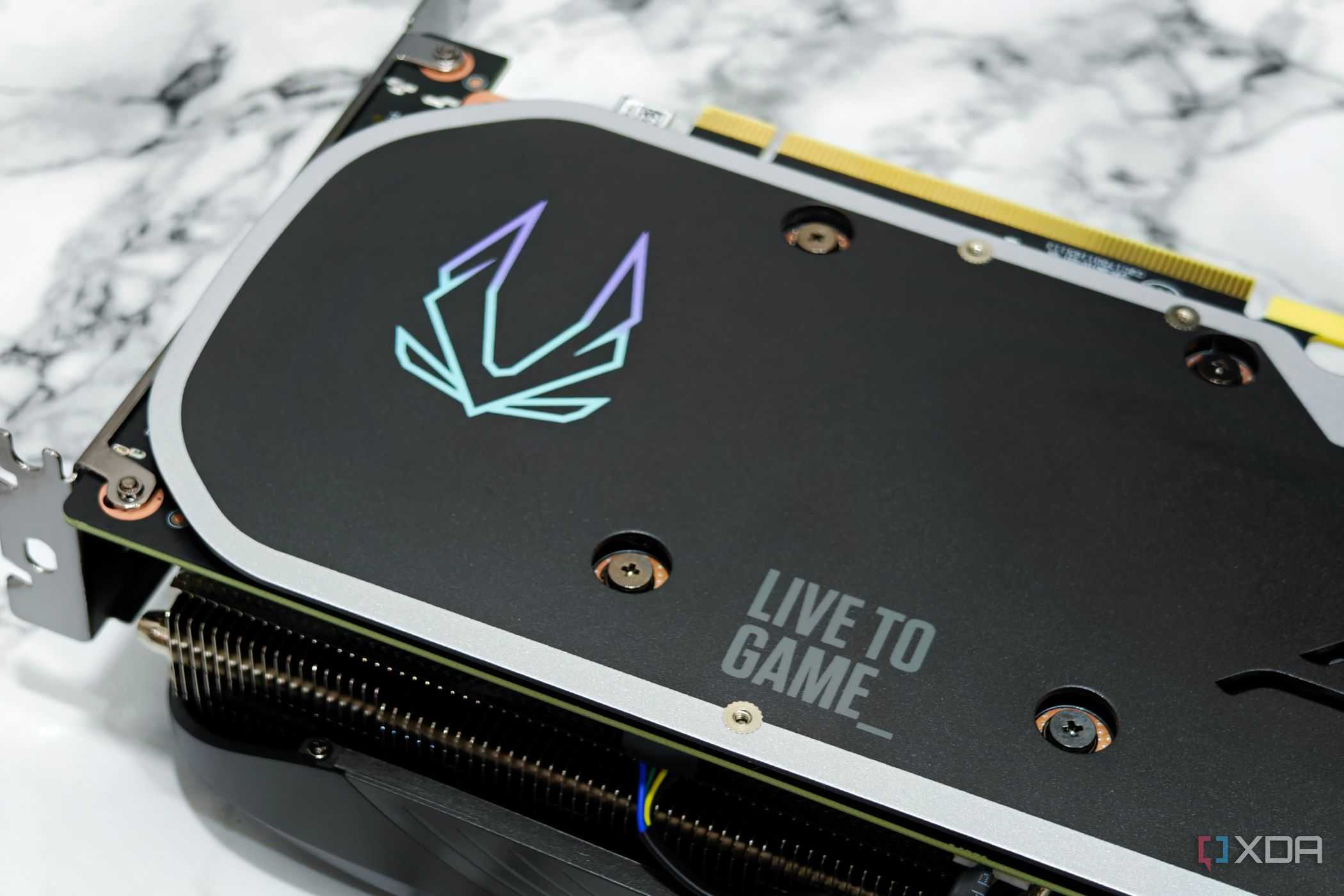 An image showing the Zotac branding on its RTX 4070 Super Trinity Black Edition GPU backplate.