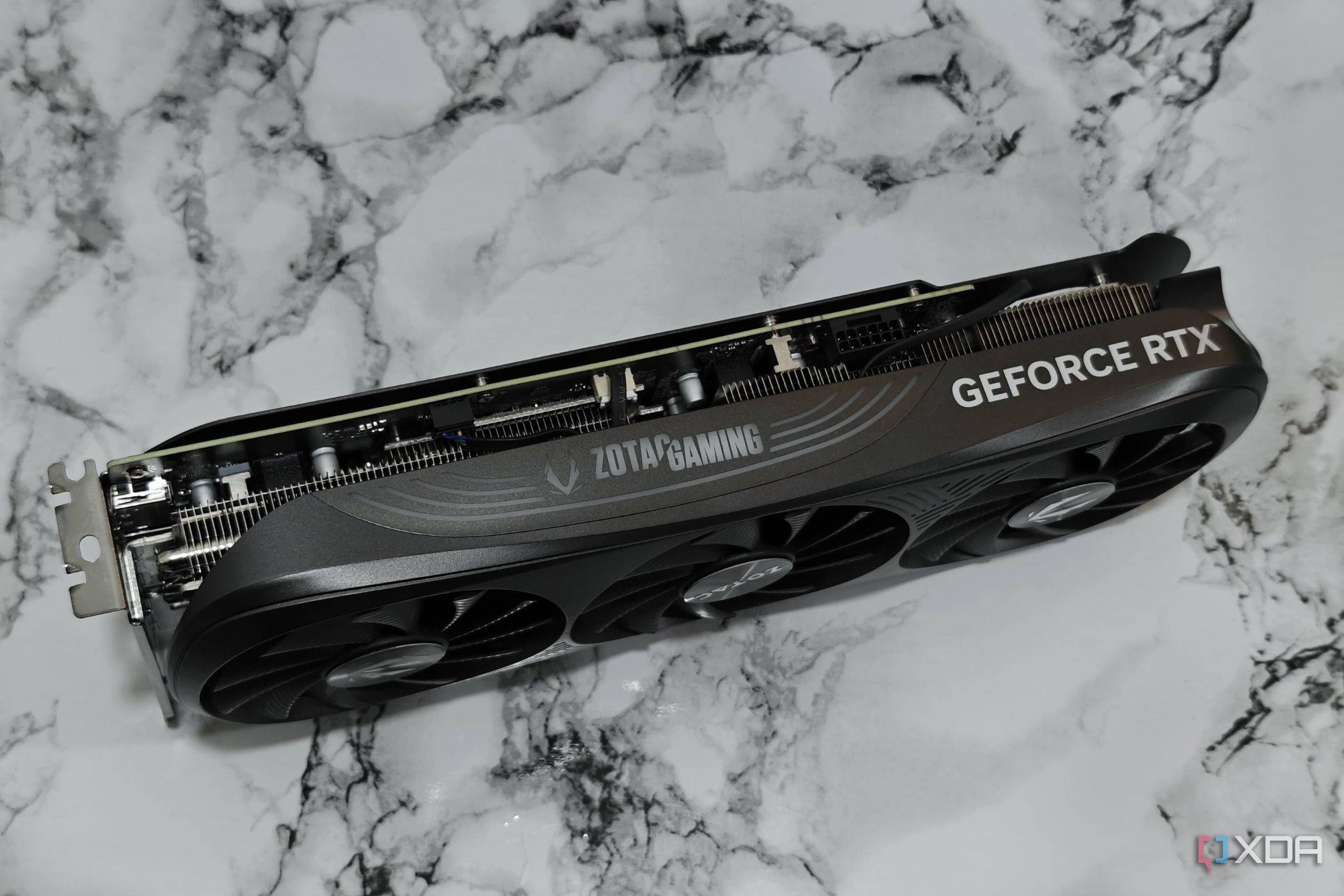 An image showing the top of the Zotac Gaming GeForce RTX 4070 Super Trinity Black Edition GPU.