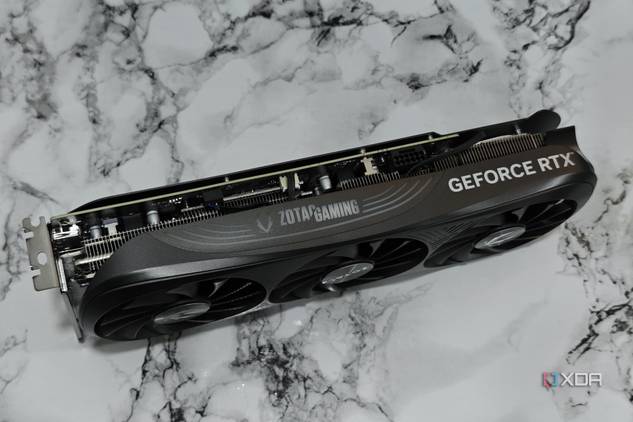 An image showing the top of the Zotac Gaming GeForce RTX 4070 Super Trinity Black Edition GPU.