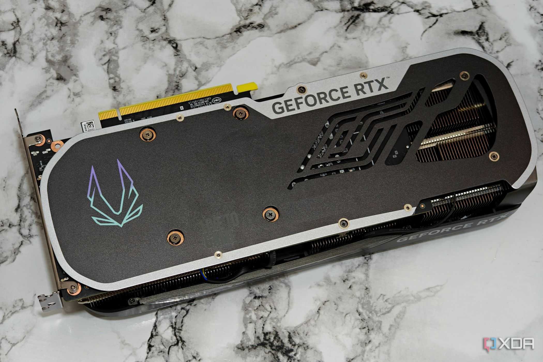 An image showing the backplate of the Zotac Gaming GeForce RTX 4070 Super Trinity Black Edition GPU.