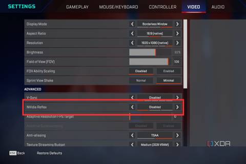 A screenshot from Apex Legends highlighting the Nvidia Reflex option.