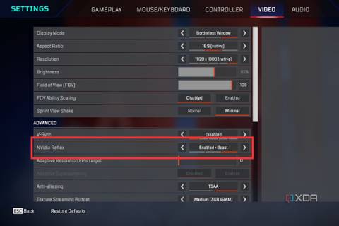 A screenshot from Apex Legends showing the Reflex option enabled.
