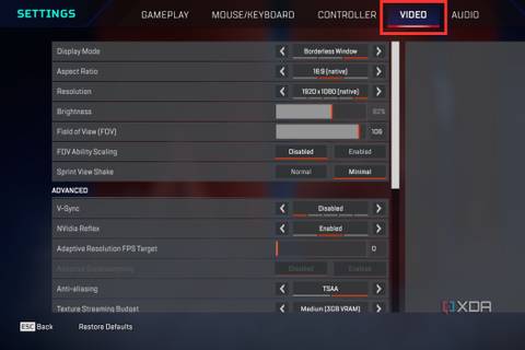 A screenshot from Apex Legends showing the video settings.