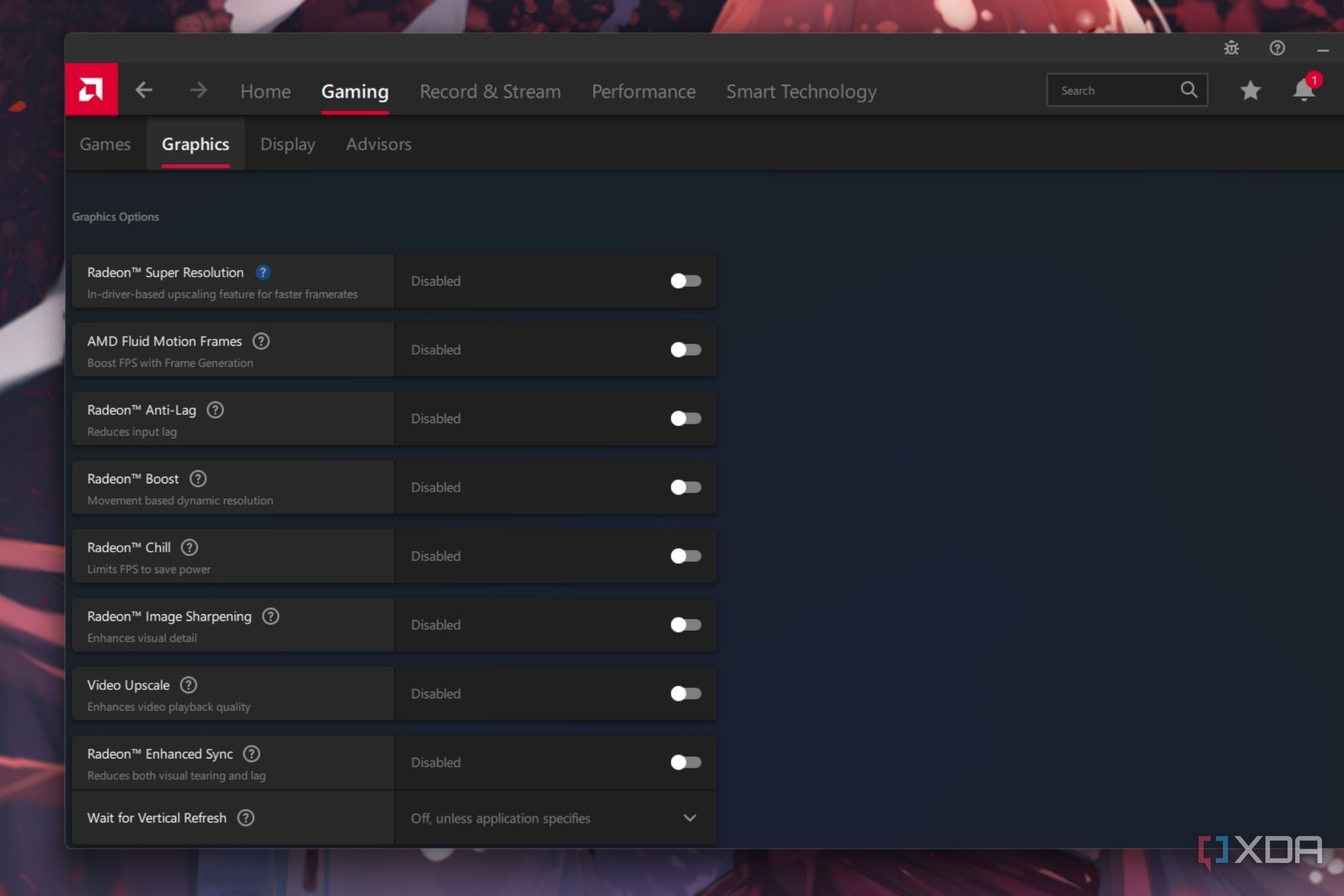 A screenshot of the AMD software Adrenalin Edition showing graphics option.