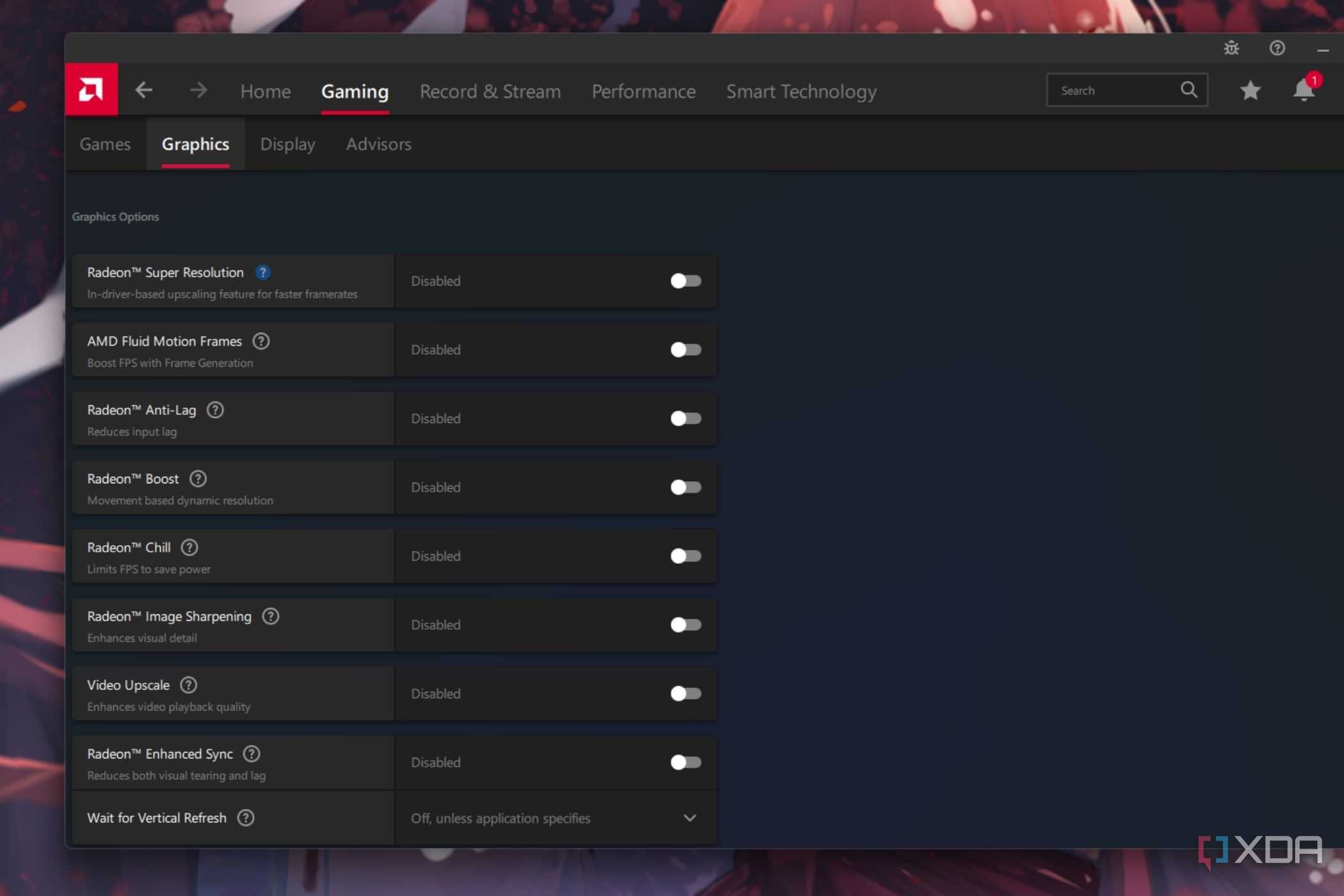 A screenshot of the AMD software Adrenalin Edition showing graphics option.