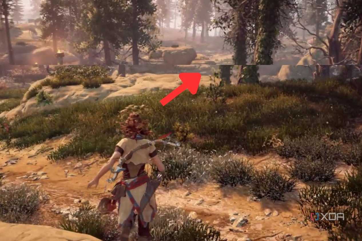 An image highlighting a screen tear in Horizon Zero Dawn game on PC with AFMF enabled.