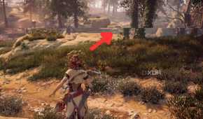 An image highlighting a screen tear in Horizon Zero Dawn game on PC with AFMF enabled.