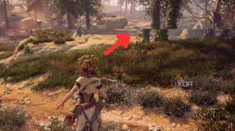 An image highlighting a screen tear in Horizon Zero Dawn game on PC with AFMF enabled.