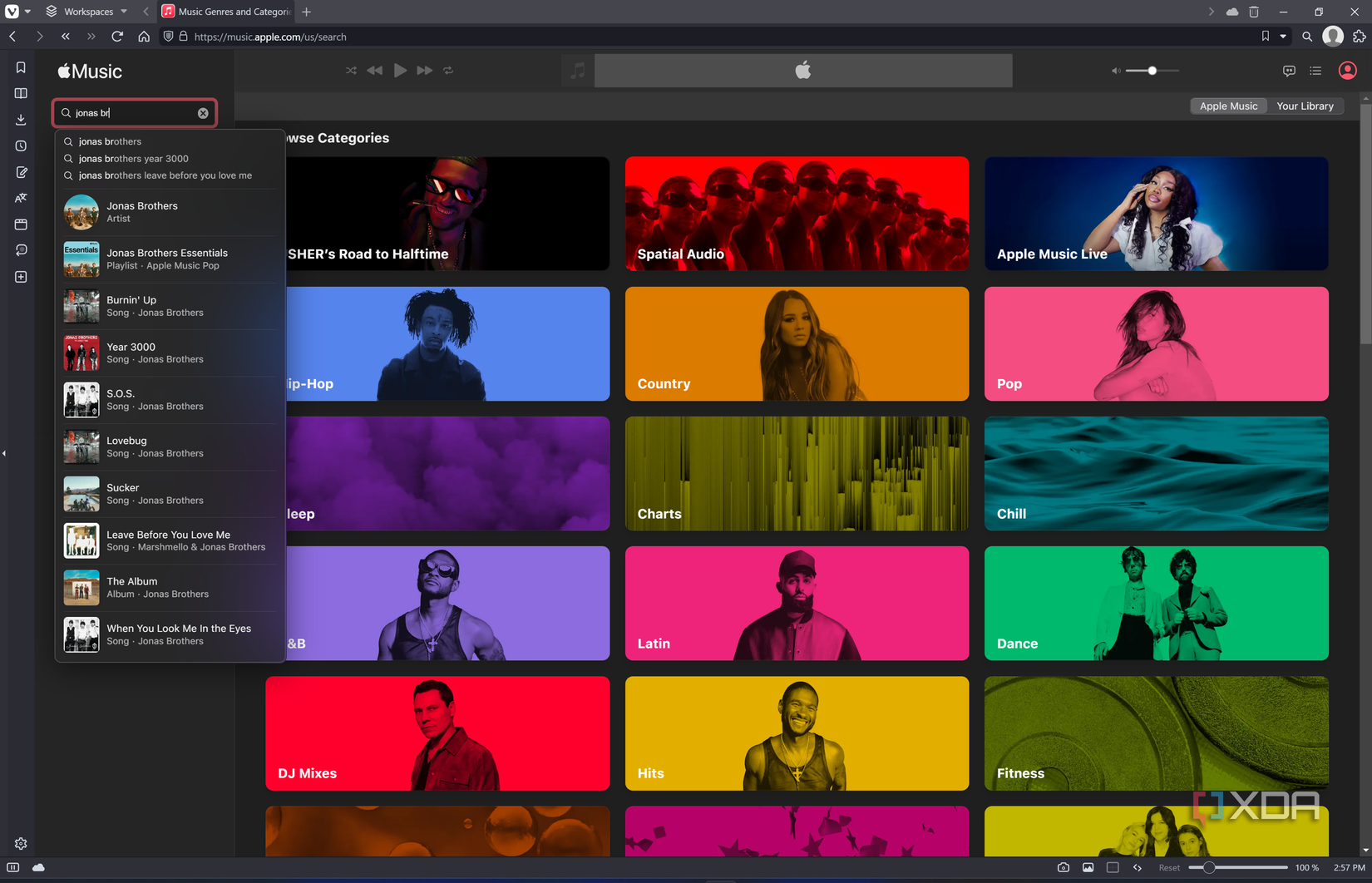 Screenshot of Apple Music on the web displaying search results