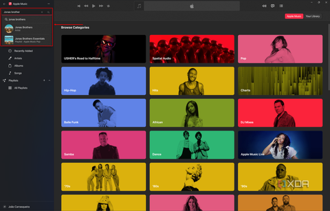 Screenshot of Apple music on Windows 11 with the search bar and suggestions highlighted