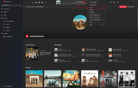 Screenshot of Apple Music on Windows 11 palying a music. A menu is displayed showing the option to love a song and add it to the user's library