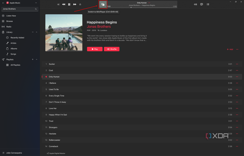 Screeenshot of apple Music on Windows 11 with the mini player button highlighted