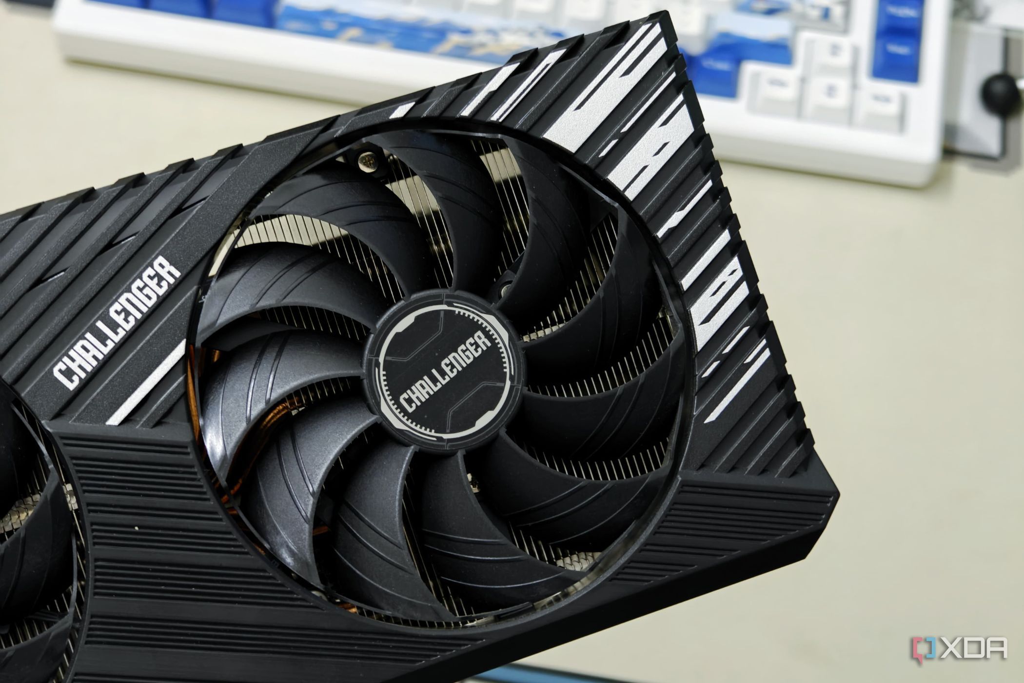 An image showing one of the two ASRock Challenger RX 7700 XT GPU fans.