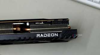 An image showing the Radeon branding on the ASRock Challenger RX 7700 XT GPU.