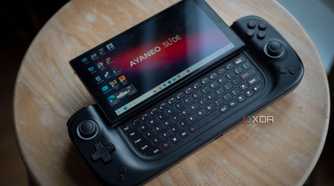 Ayaneo Slide on a table showing keyboard and Windows desktop