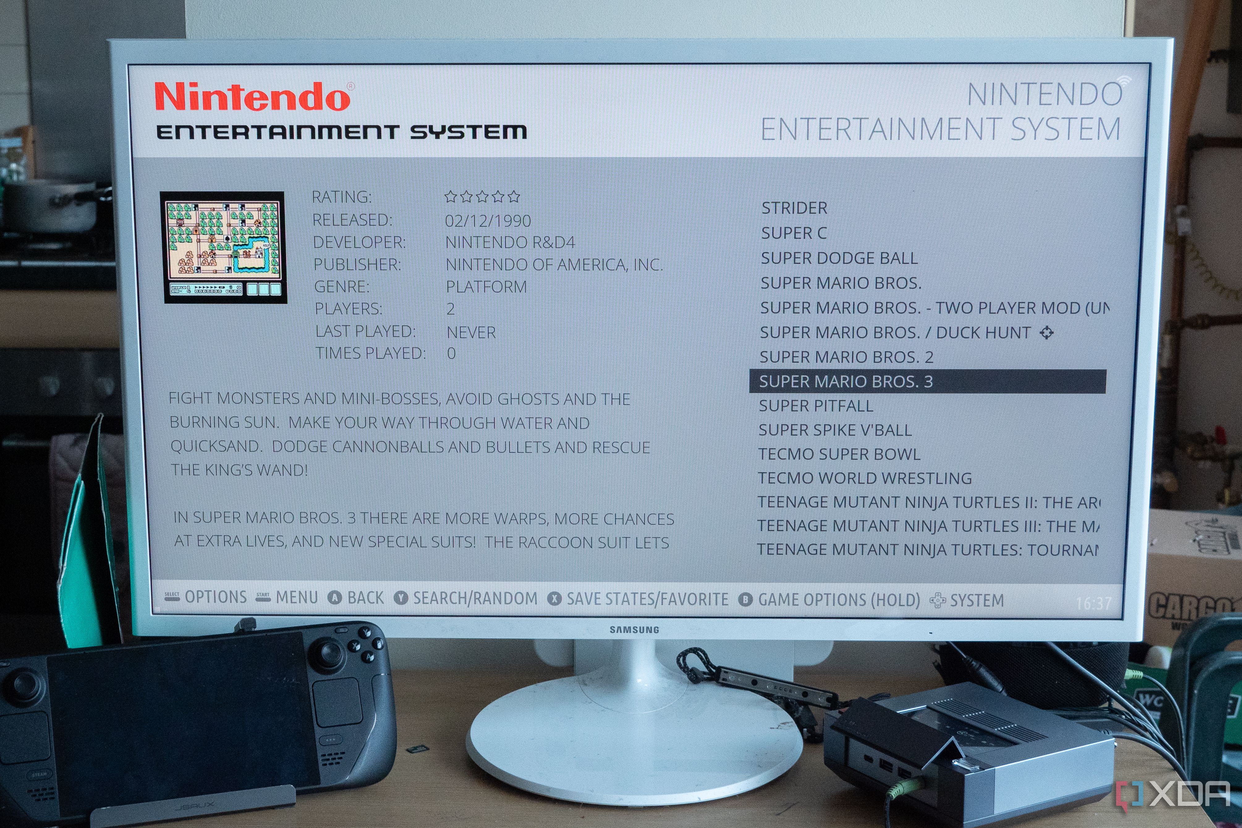 Batocera showing a NES collection of games, highlighing Super Mario Bros 3