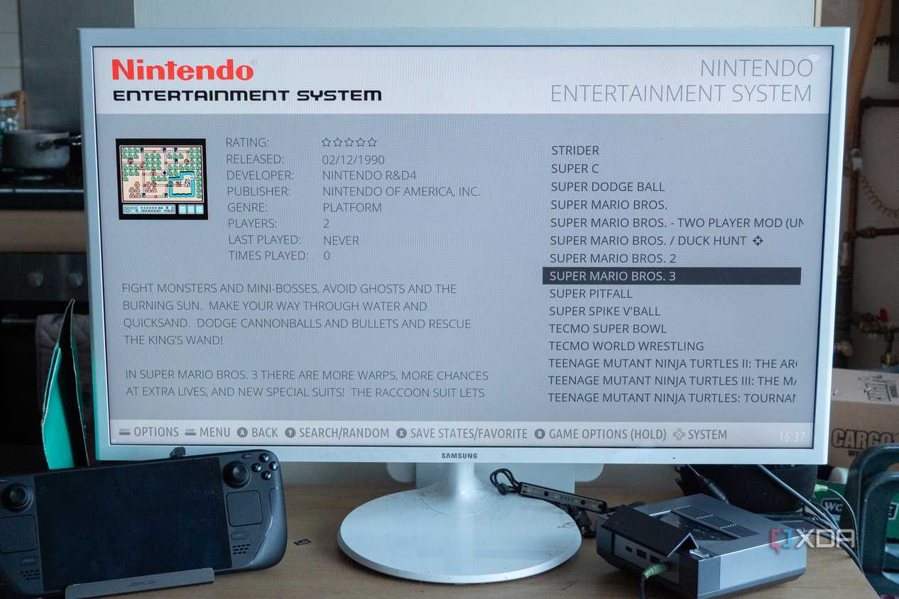 Batocera showing a NES collection of games, highlighing Super Mario Bros 3