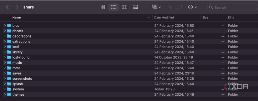 Batocera SMB share on a Mac, showing the folders