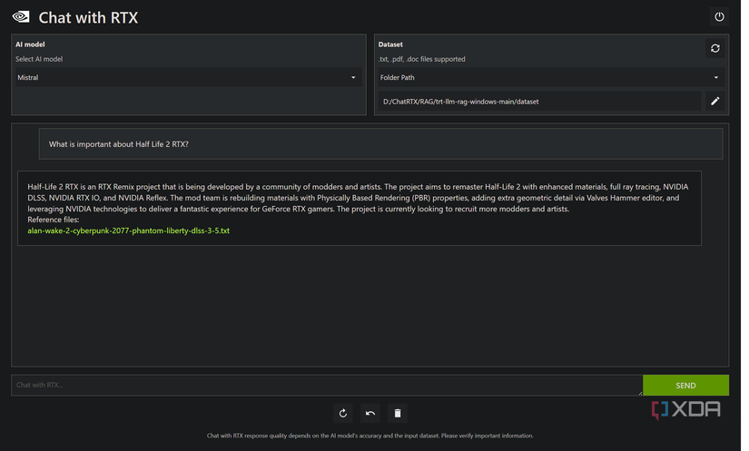 Asking Chat with RTX what's important about Half-Life 2 RTX