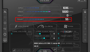 Screenshot of MSI Afterburner with the GPU temperature highlighted