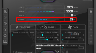 Screenshot of MSI Afterburner with the GPU temperature highlighted