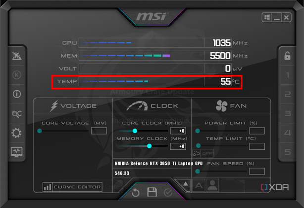 Screenshot of MSI Afterburner with the GPU temperature highlighted